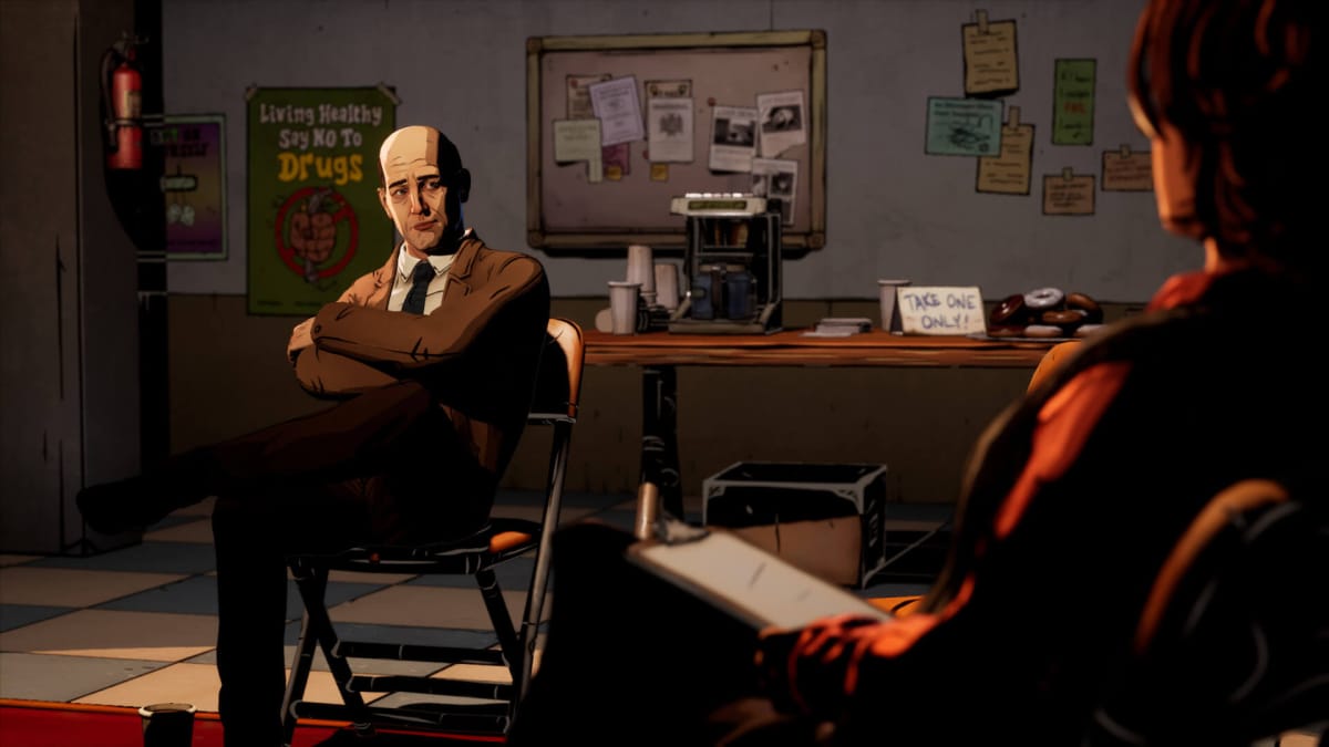 Two characters having a conversation in an office in The Wolf Among Us 2