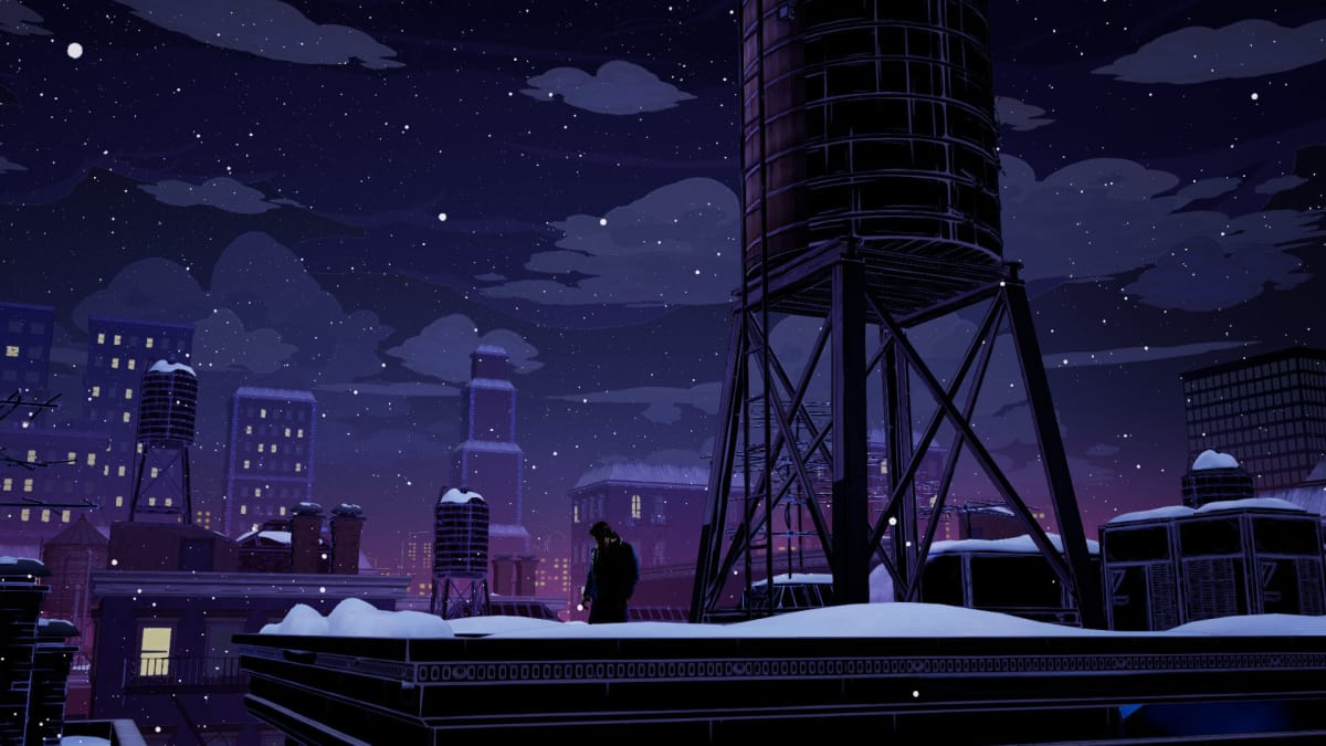 A snowy cityscape in Telltale's The Wolf Among Us 2