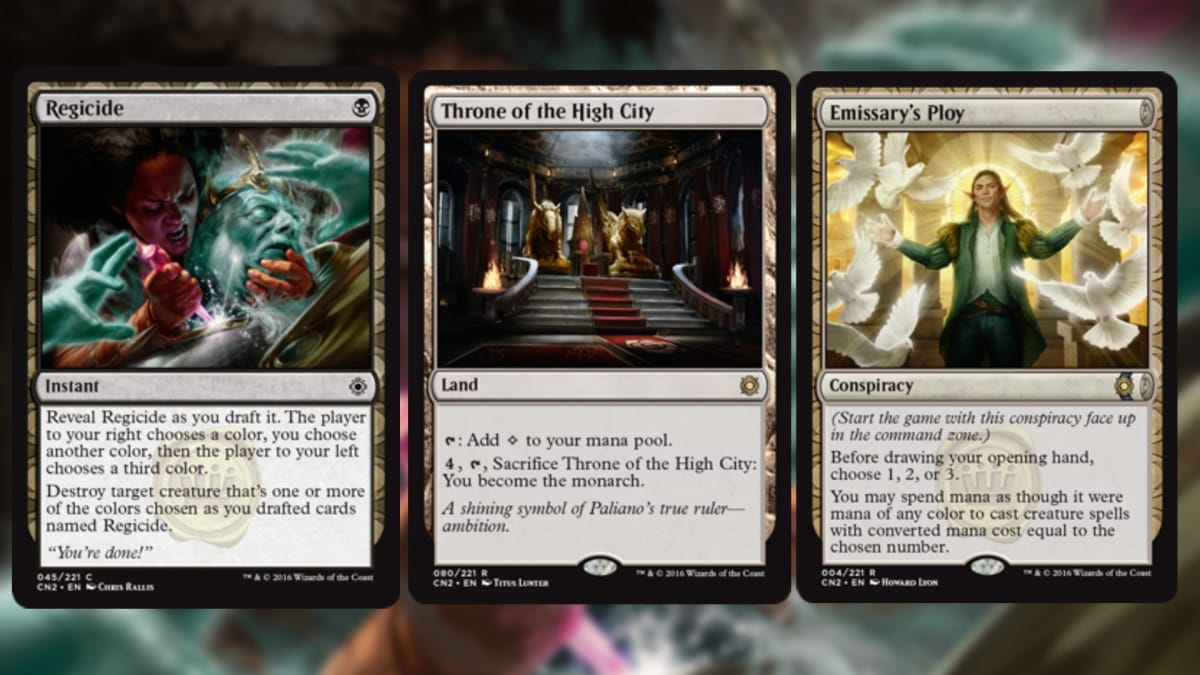 three magic the gathering cards with no color, the first depicts a woman stabbing a ghostly figure, the seconda throne, adn the third a man with his arms spread wide