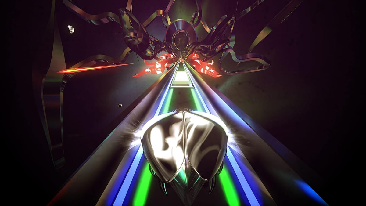 A trippy-looking gameplay shot from the VR game Thumper, representing the Video Game Voters Network's comments about VR