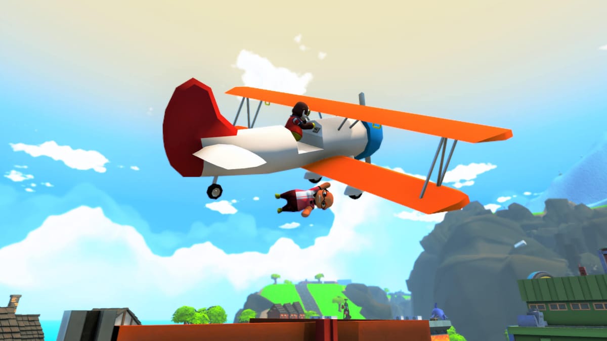 A character piloting a plane while another hangs from its underside in Totally Reliable Delivery Service, which has been acquired by Atari through its new Infogrames label