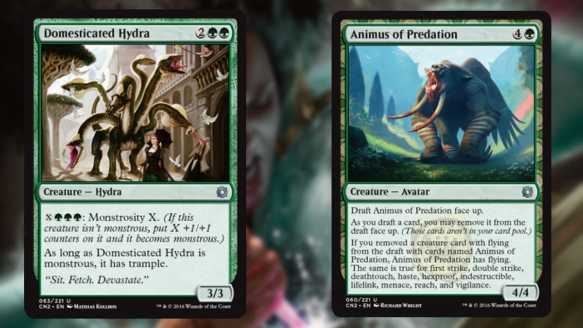 two magic cards in green with two huge creatures depicted in both pieces of art