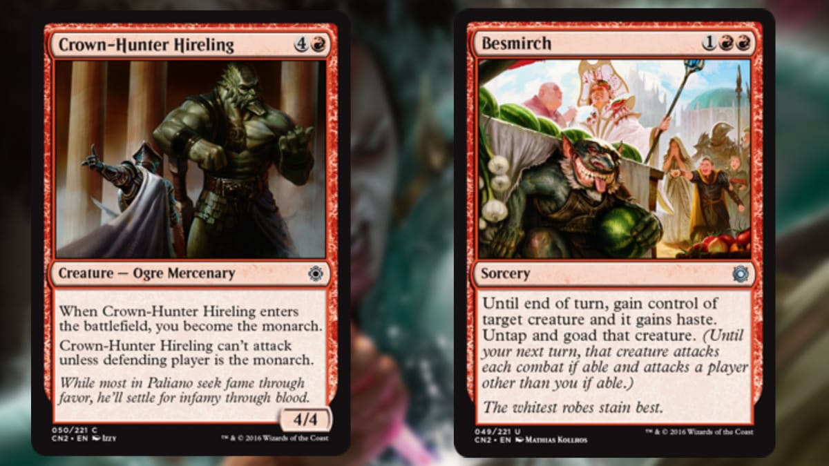 two magic cards in red both depicting green skinned goblinoid creatures