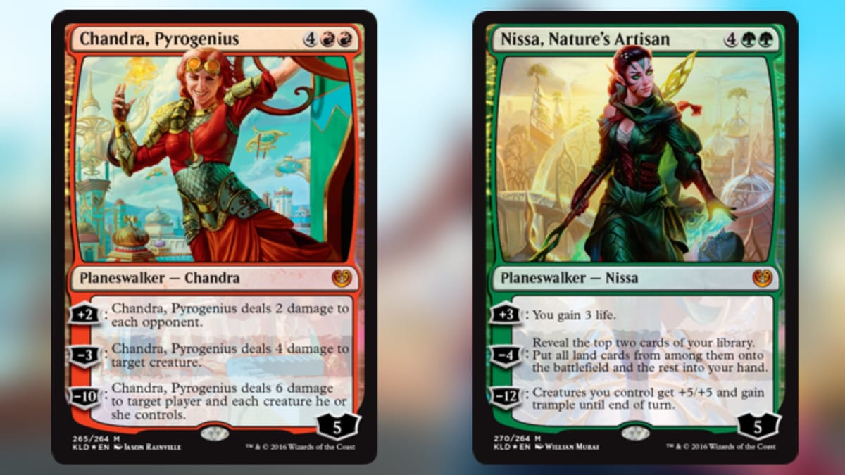 two magic the gathering cards in red and green both featuring color coded art of female mages