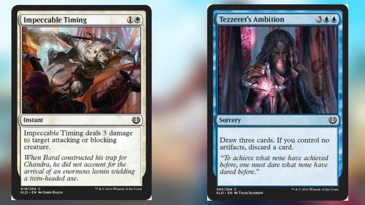 two magic the gathering cards in white and blue the first featuring a white lion humanoid and the second a man with a missing arm repalced with strange technology