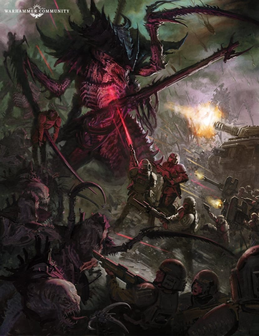 An illustration depicting Tyranids attacking Imperial Legion soldiers from the new Tyranids 10th Edition Codex.