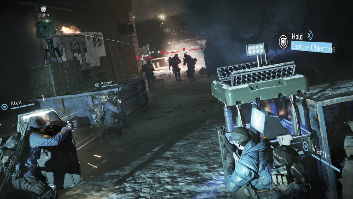 A group of players shooting at enemies in Tom Clancy's The Division, which was shown off during the Ubisoft E3 2013 presentation