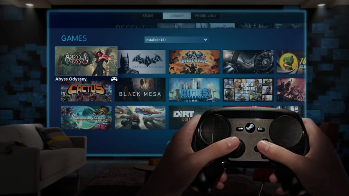 The player using a Steam Controller to browse their library
