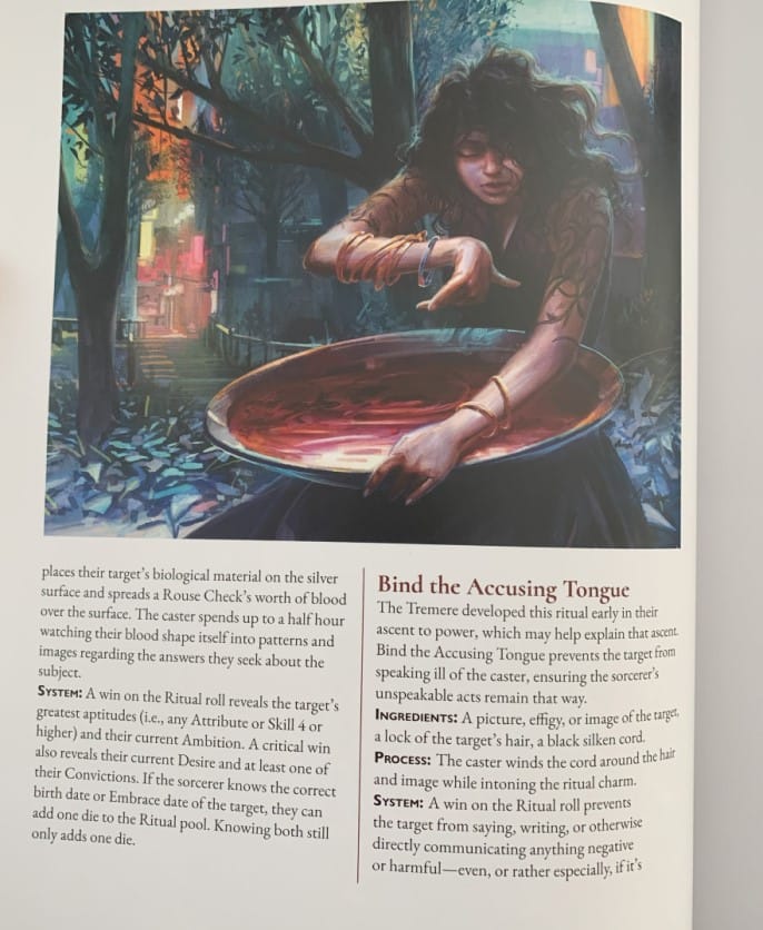 An excerpt from the Vampire: The Masquerade Blood Sigils sourcebook showing a woman performing a ritual with a bowl