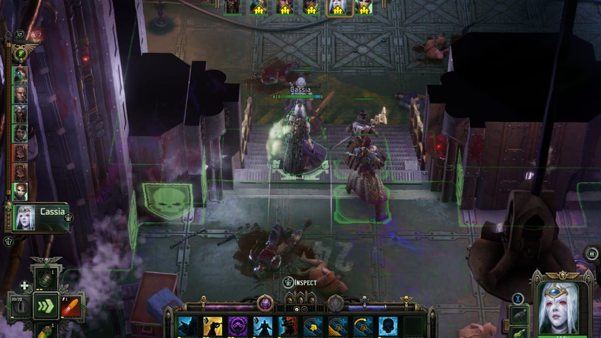 Warhammer 40,000 Rogue Trader Screenshot showing a group of characters in a sci fi location engaging in combat on a green highlighted grid