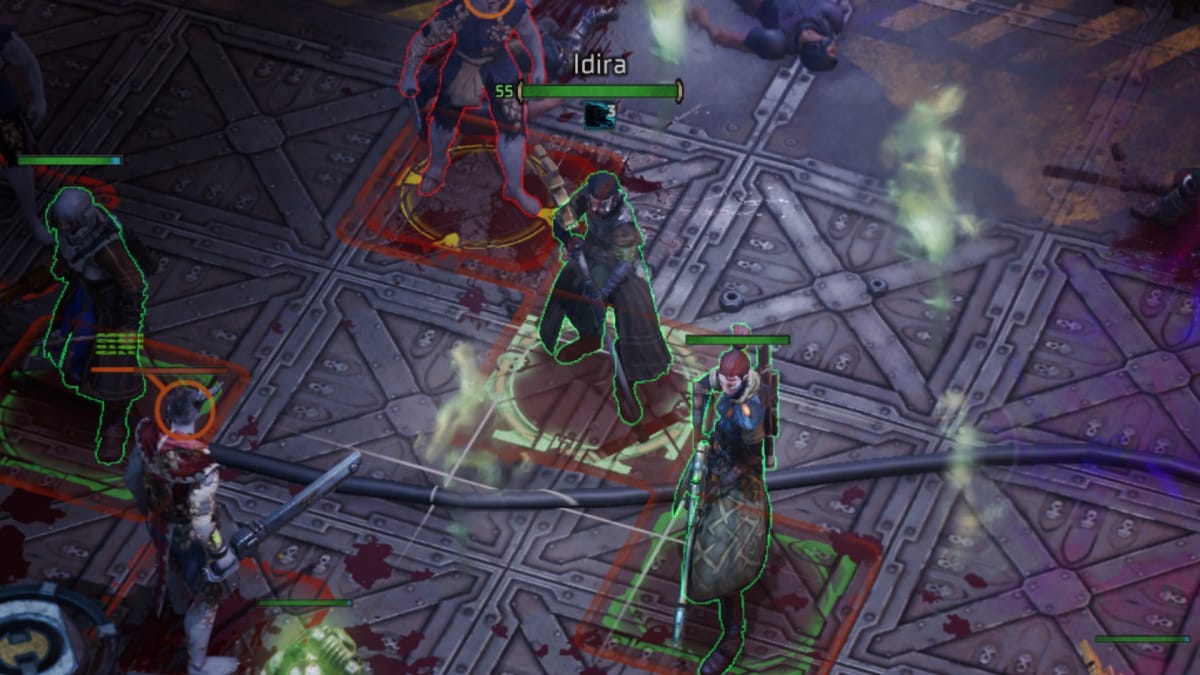 Warhammer 40,000 Rogue Trader Screenshot showing several characters engaged in combat in a cargo hold with a special focus on a characters called Idra