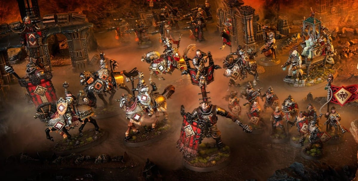 A screenshot of the Cities of Sigmar army pushing forward, Pontifex Zenestra is seen in the distance