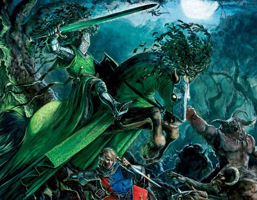 Artwork of the Green Knight alongside Bretonnian Knights from Warhammer: The Old World