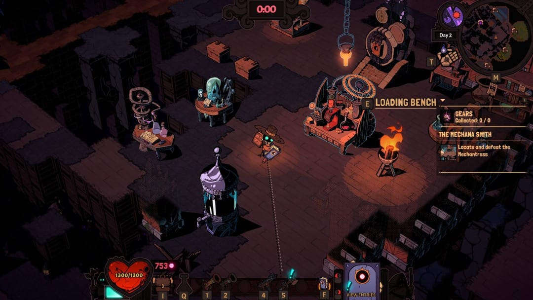 A robed wizard surrounded by benches, chests, and storage vats from Wizard With A Gun