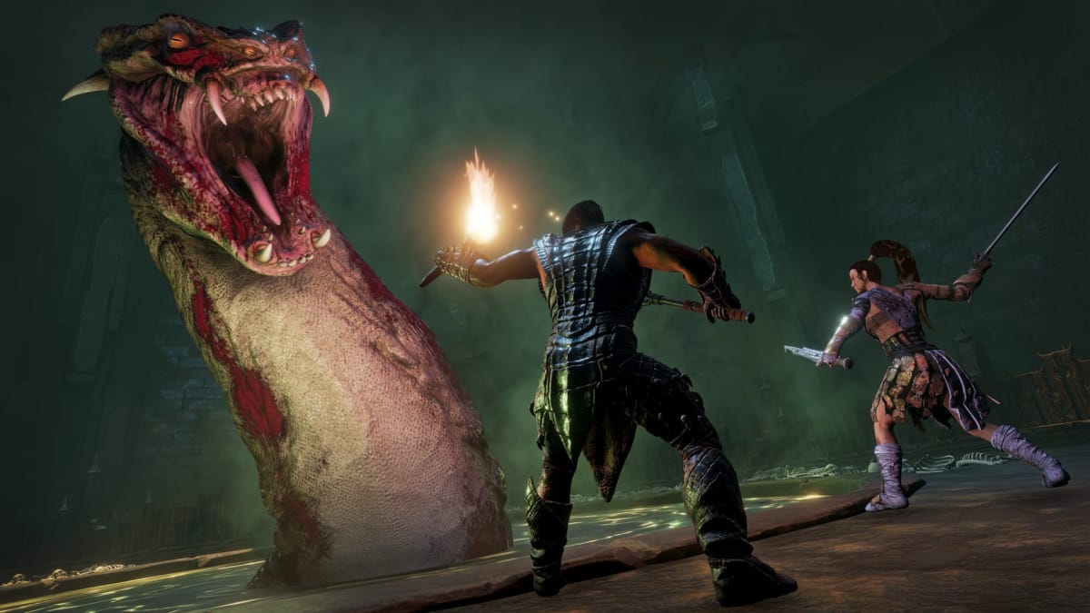 Tencent Funcom deal A man fends off a snake with a torch