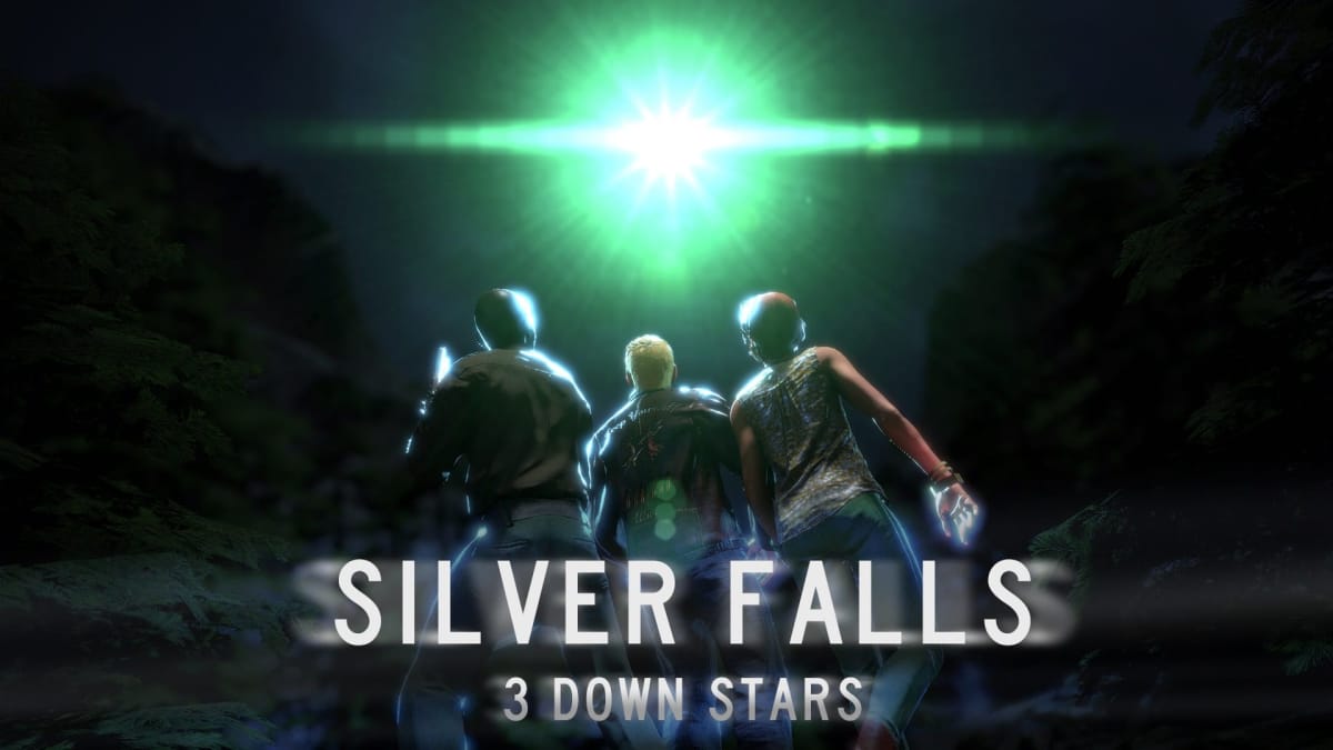 The logo for Silver Falls, showing the three main characters.