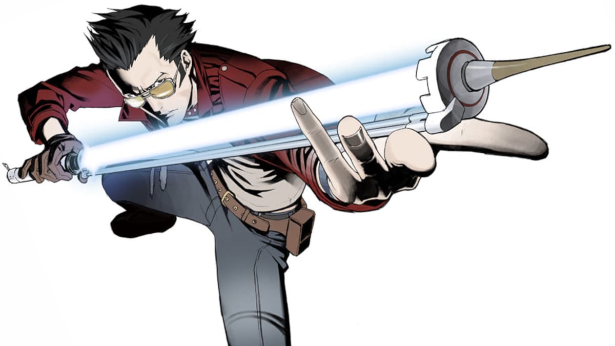 No More Heroes artwork showing a man in a red jacket caressing a laser sword in a sexual way as he looks up at the camera. 