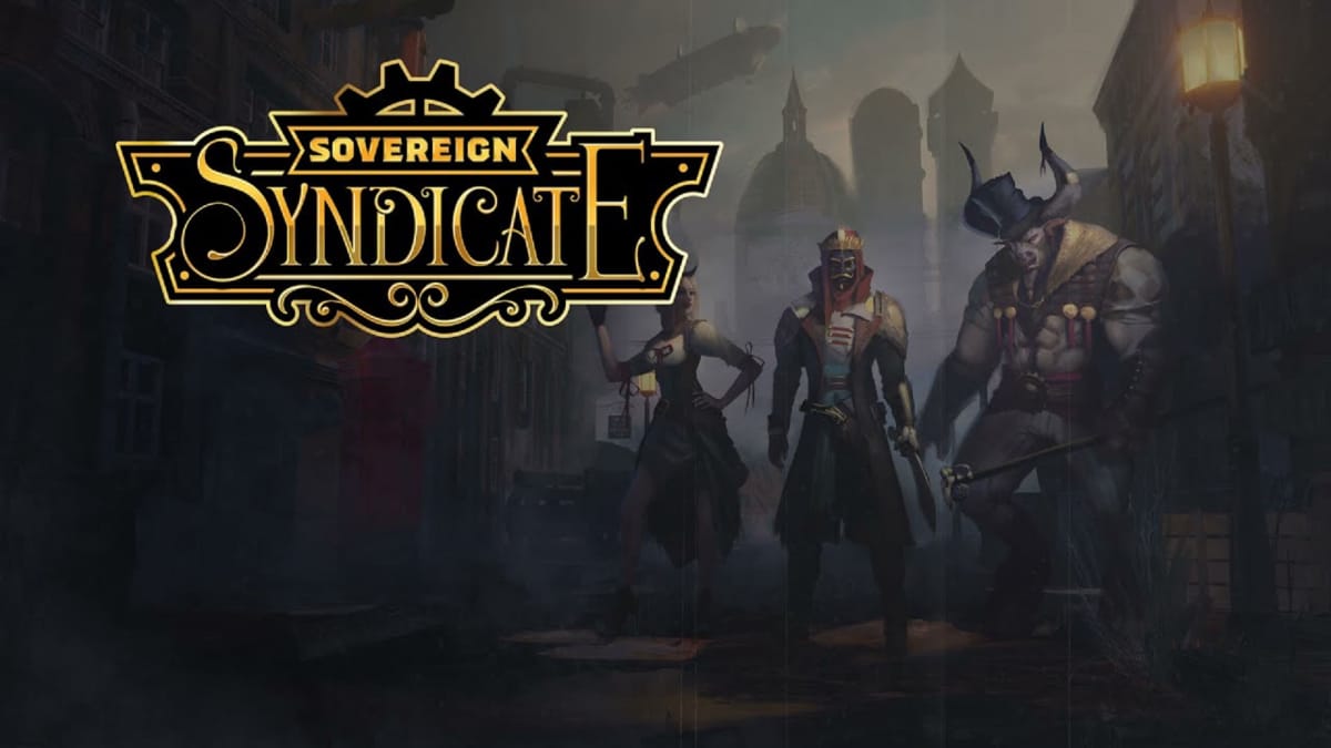Sovereign Syndicate key art showing several characters dressed in mid 1800s attire with a title to the left