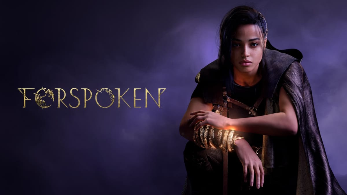 Forspoken gameplay trailer header, showing Frey, the main character looking at the camera with a purple background and the words "Forspoken" in shiny gold letters to her left. 