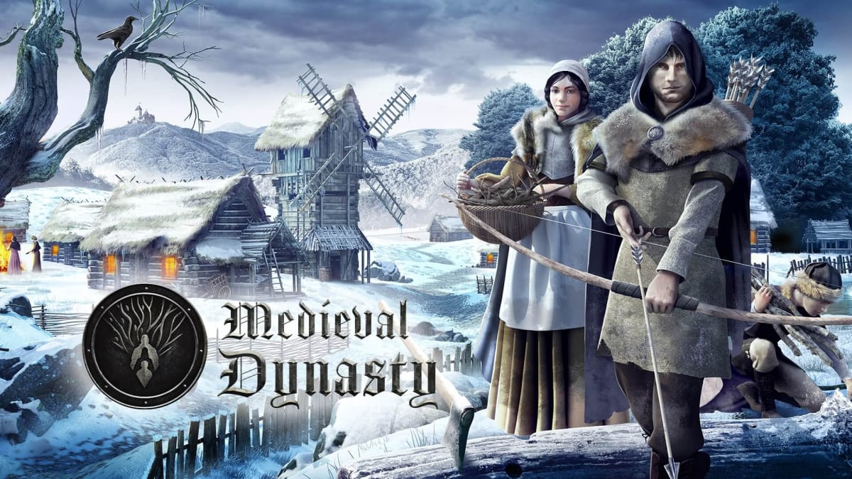 Medieval Dynasty Console Release Date key art includes a man with a bow, a woman with a basket, and a medieval village covered in snow.
