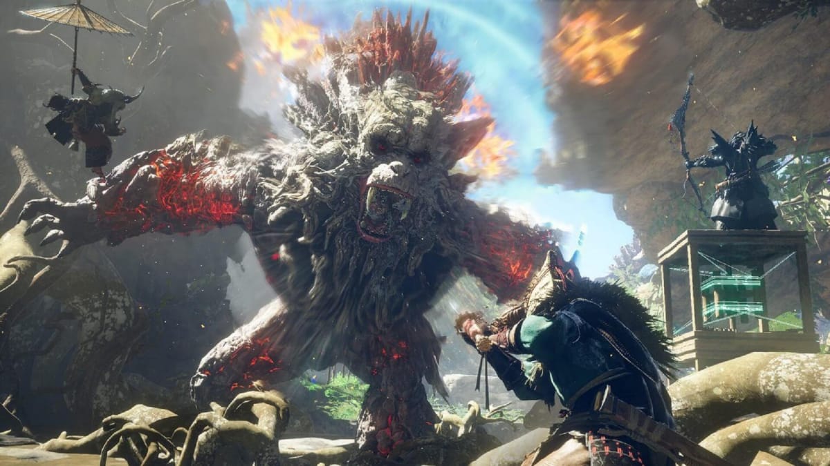 Wild Hearts release date screenshot showing off three players facing off against a huge monster.