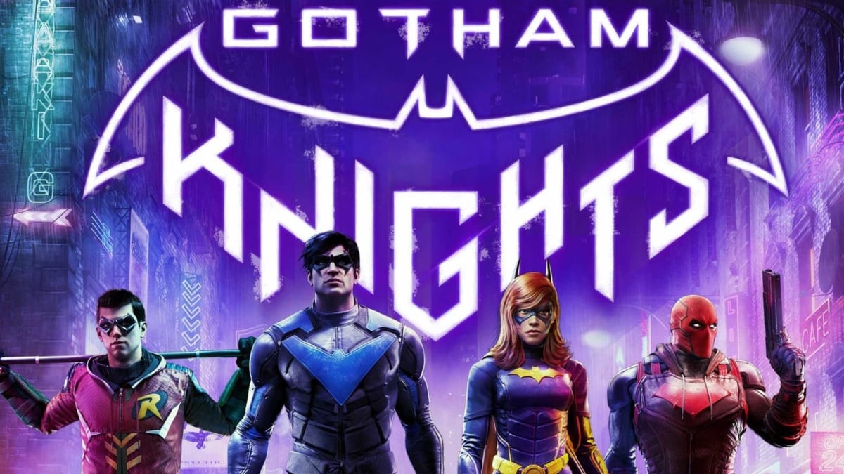 The Gotham Knights pose before the game's logo.