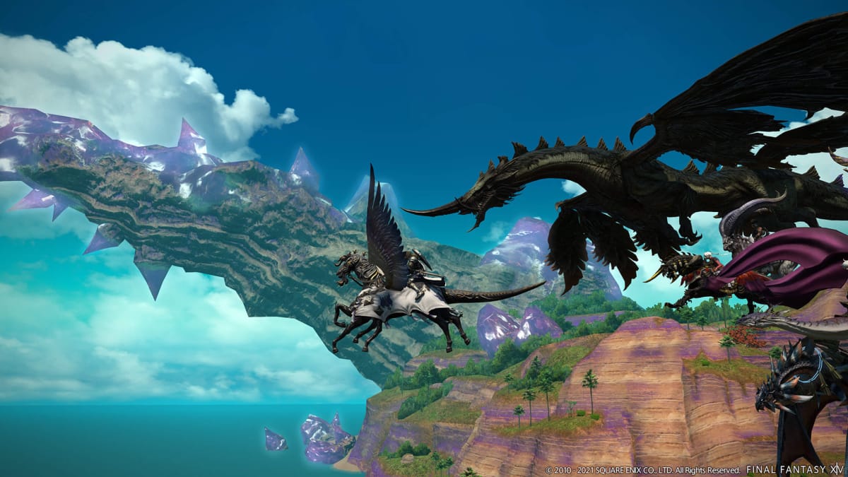 The player soaring across the skies on a mount in Final Fantasy XIV