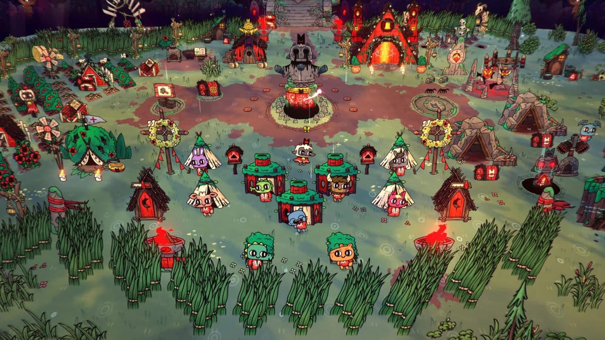 Animals gathered to worship in the Devolver Digital game Cult of the Lamb