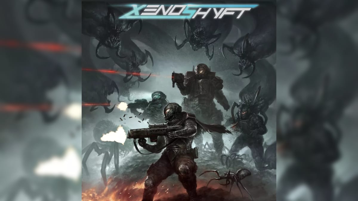board game cover art showing several grey-clad space marines in an alien-infested location, being assaults by arthropod-like aliens with giant claws. 