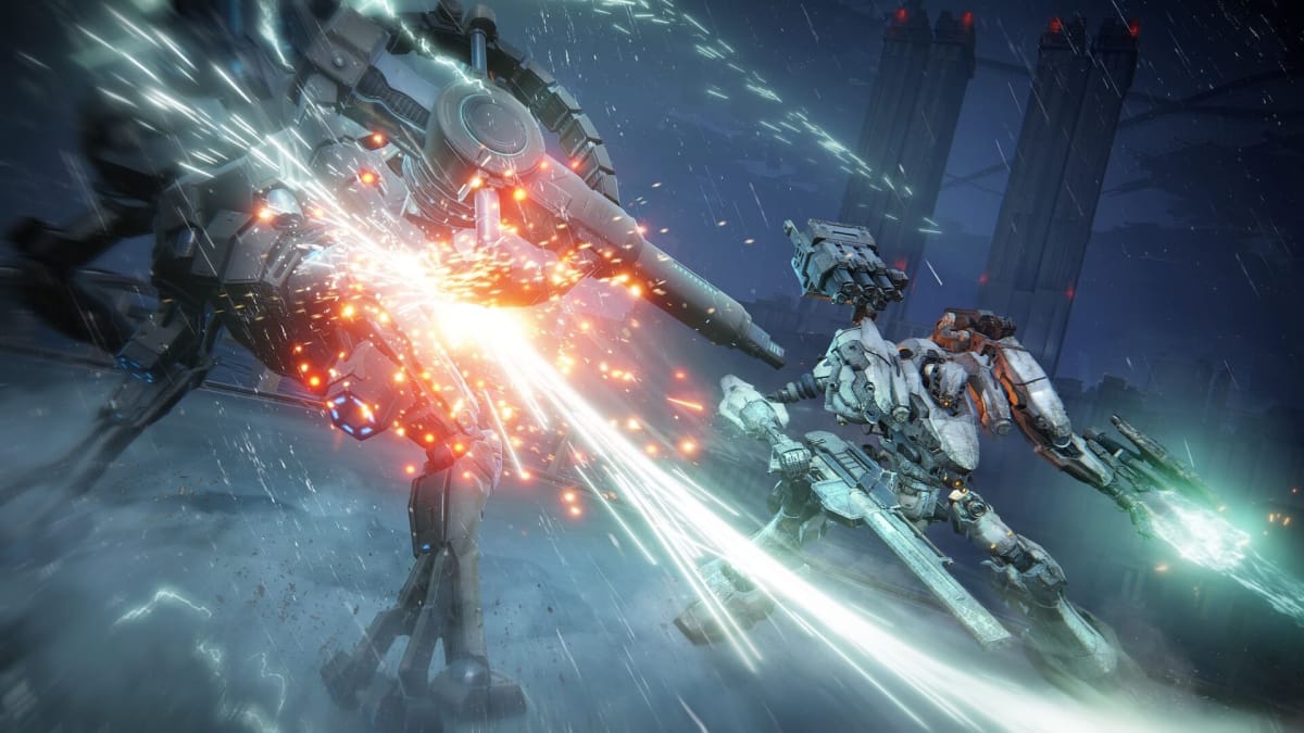 Image of two mechs fighting in Armored Core VI Fires of Rubicon With One of Them Slashing with a melee weapon