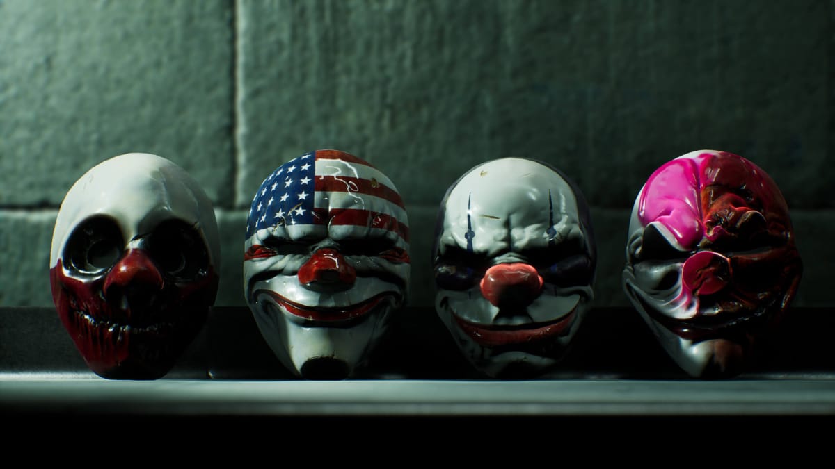 The four iconic masks of the Payday crew as represented in Payday 3