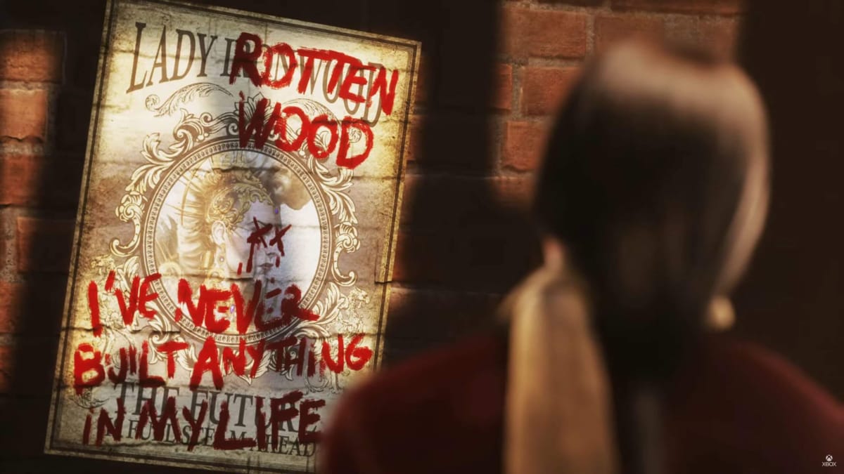A defaced poster for Lady Ironwood in the inXile game Clockwork Revolution