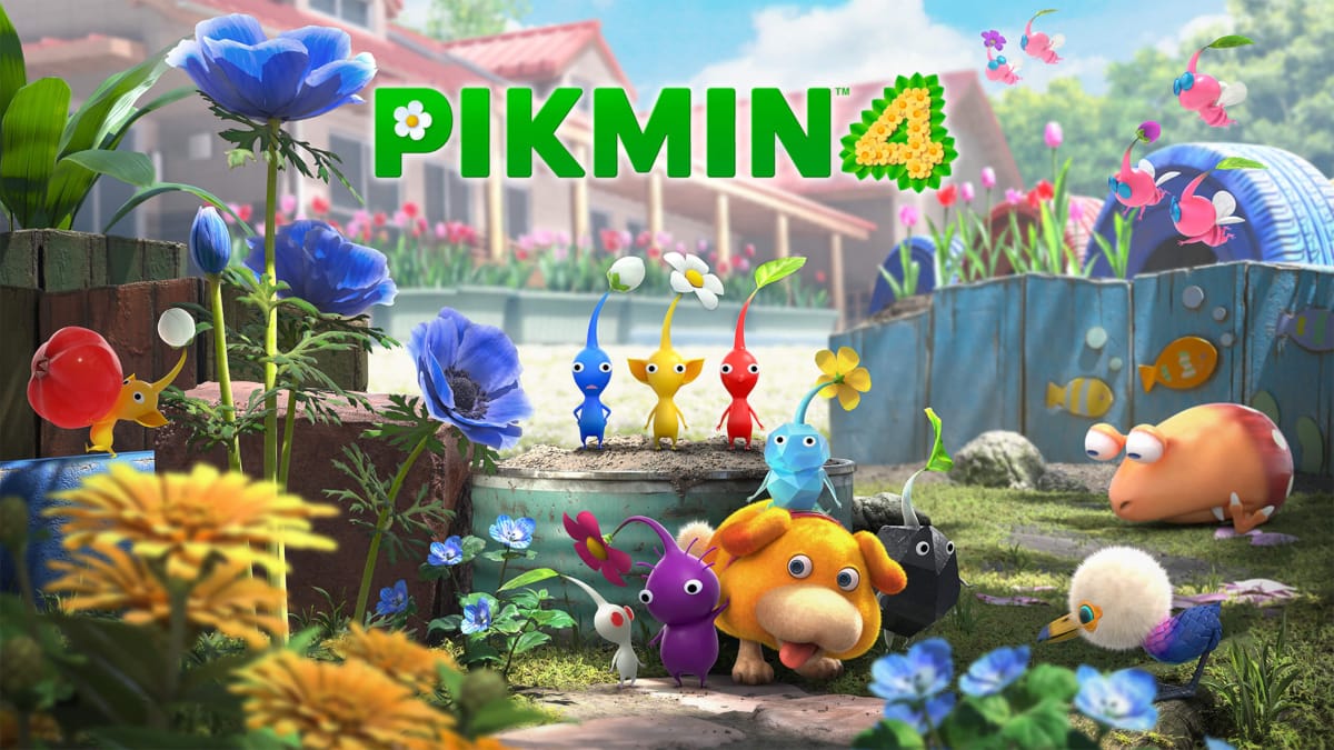 Key art for Pikmin 4, which depicts several Pikmin, the dog Oatchi, and some of the creatures you'll meet in the game