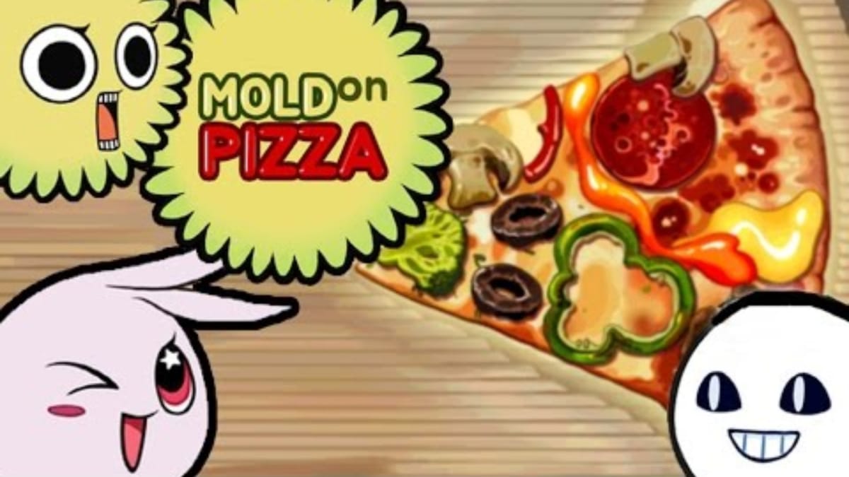 Mold on Pizza Key ARt showing several circular cartoon characters representing germs with a slice of pizza in the background lying on a table