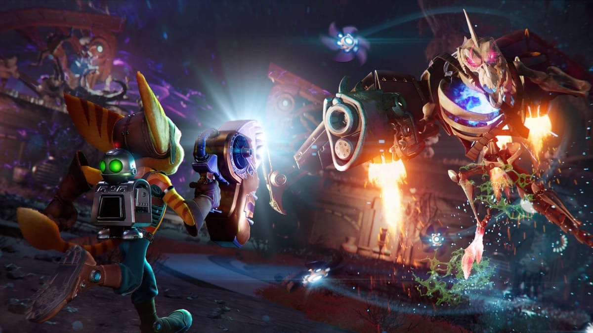 Ratchet facing off against a massive monster with a gun in Ratchet & Clank: Rift Apart