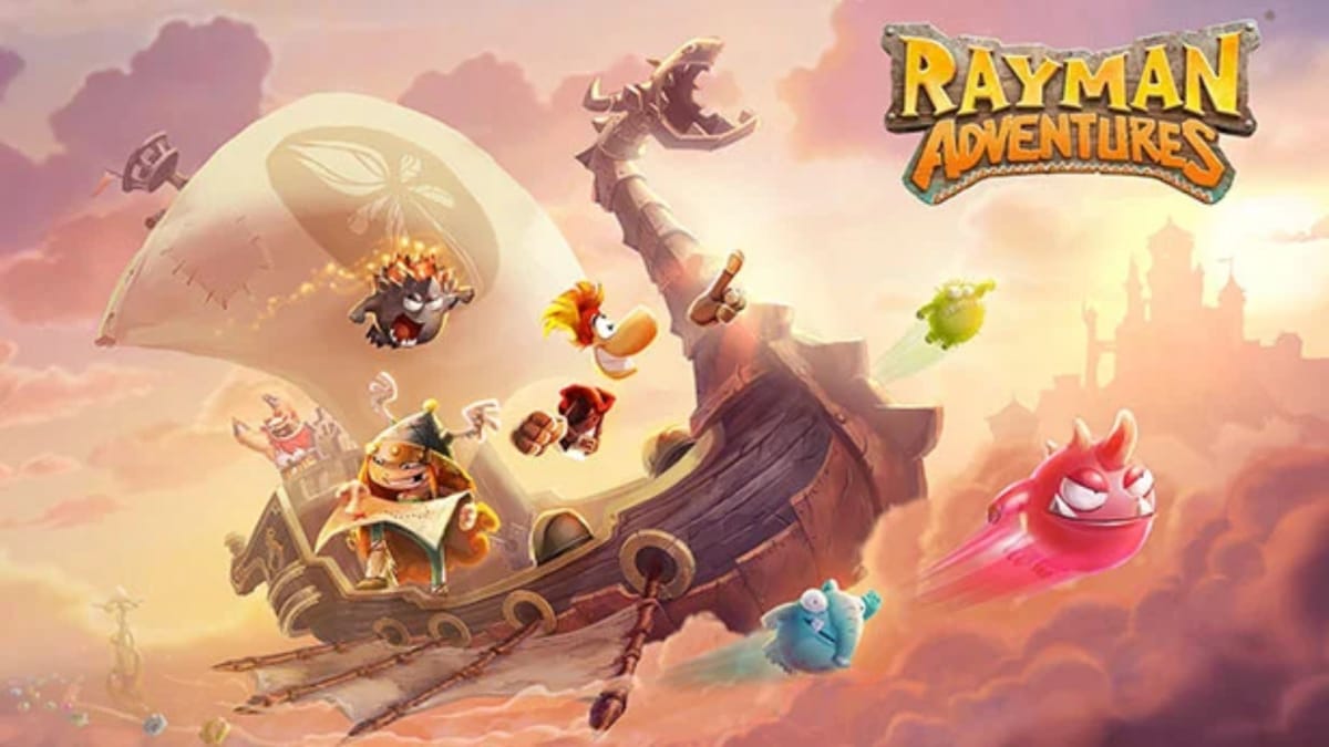 Rayman Adventures Key Art Depicting several colorful characters on a viking longship that appears to be floating in the sky. The title Rayman Adventures is written at the top of the image in block capitals