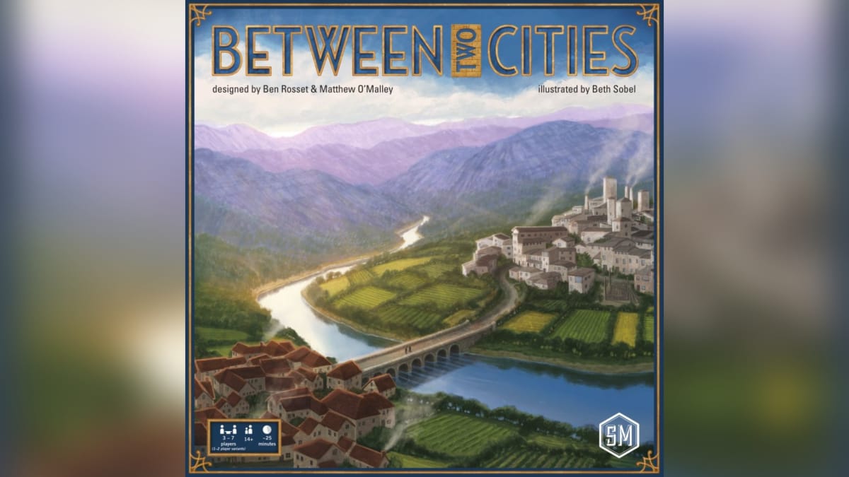 Between Two Cities Cover Art showing a painting of a rural area with two cities connected by a bridge 