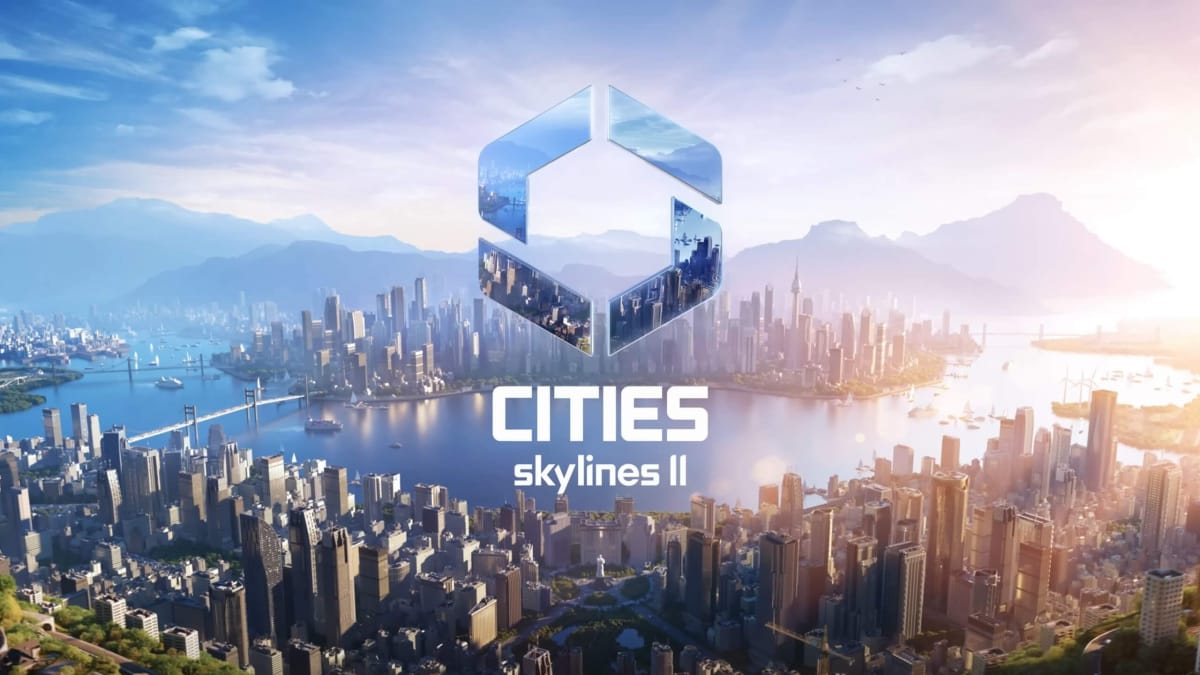 A metropolis skyline in the daytime with the Cities: Skylines 2 logo in front of it