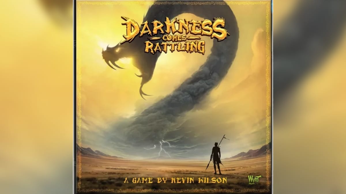 Darkness Comes Rattling cover art showing a giant snake made of smoke swallowing the sun