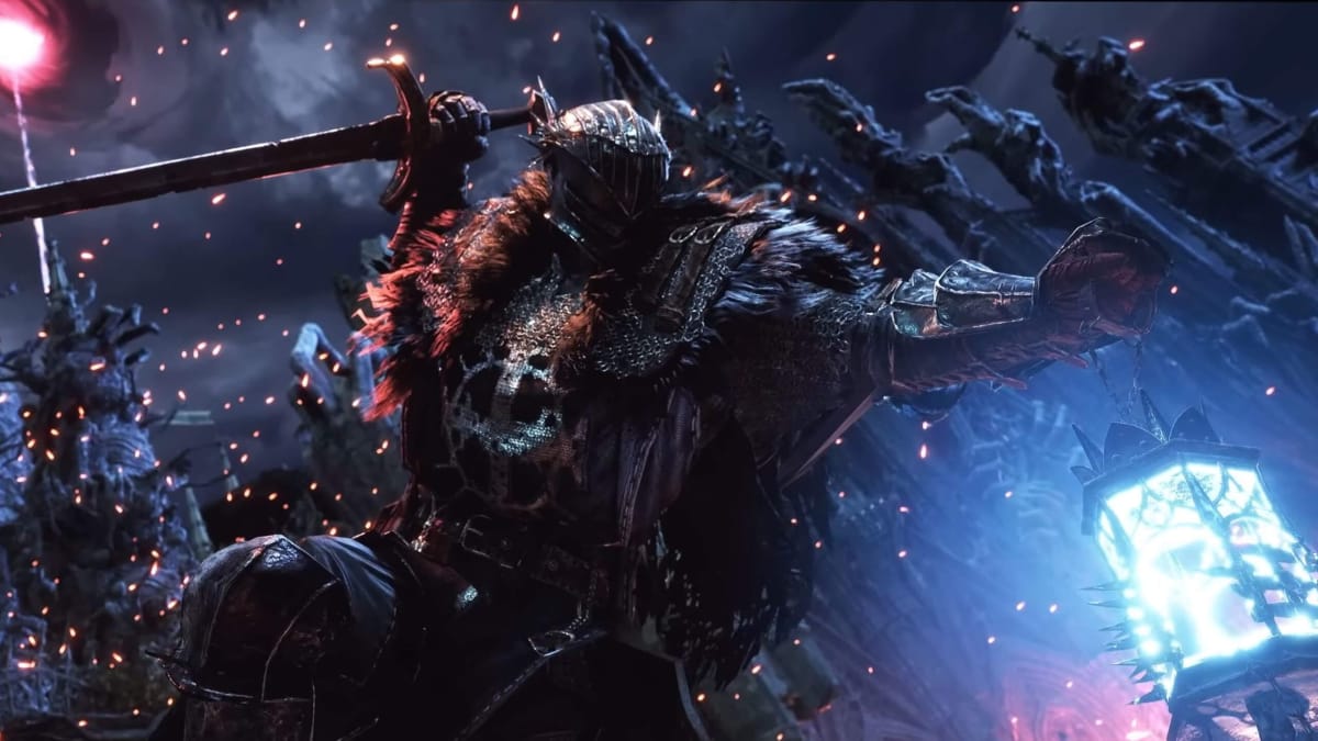 A soldier leaping through the air while wielding the Umbral Lamp in Lords of the Fallen