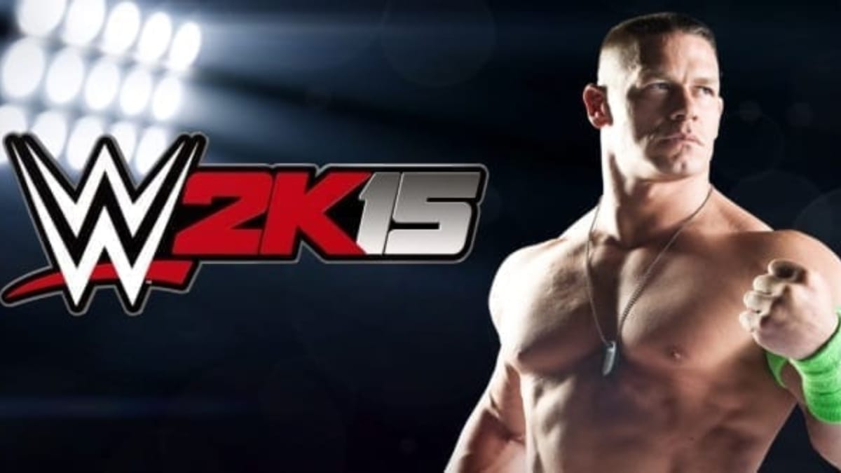 WWE 2K15 Key Art showing john cena standing to the right of the WWE2K15 logo