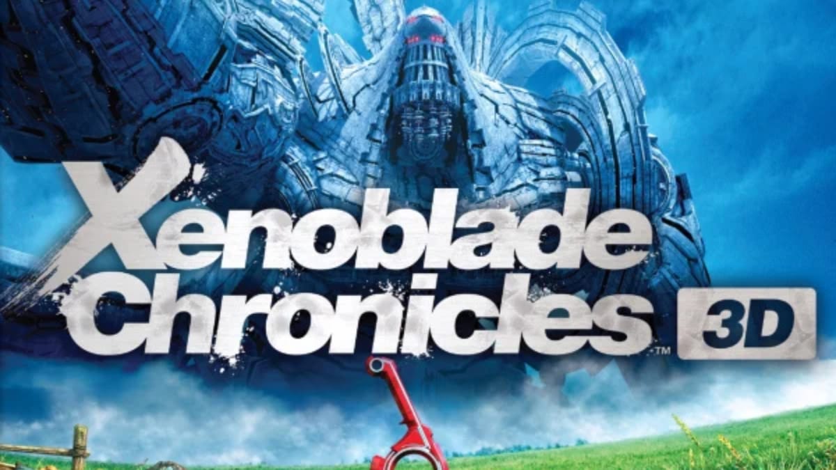 Xenoblade Chronicles 3D Key Art showing a towering metal monstrosity looming over an open field ringed by clouds