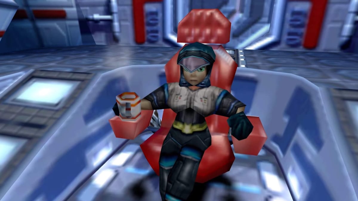 A character sitting in a chair with a mug in Jet Force Gemini, which is hitting Nintendo Switch Online in December