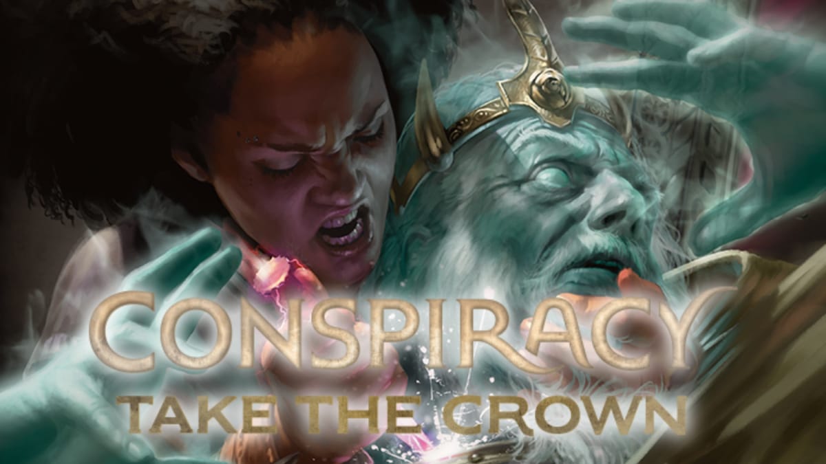 Conspiracy Take the Crown key art featuring a woman driving a strange dagger into an undead-looking king