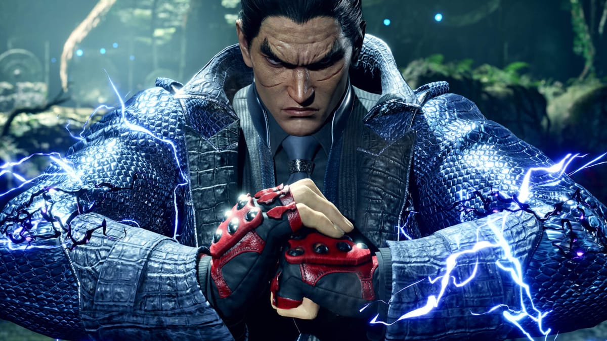 Kazuya Mishima punching his hand and crackling with electricity in Tekken 8