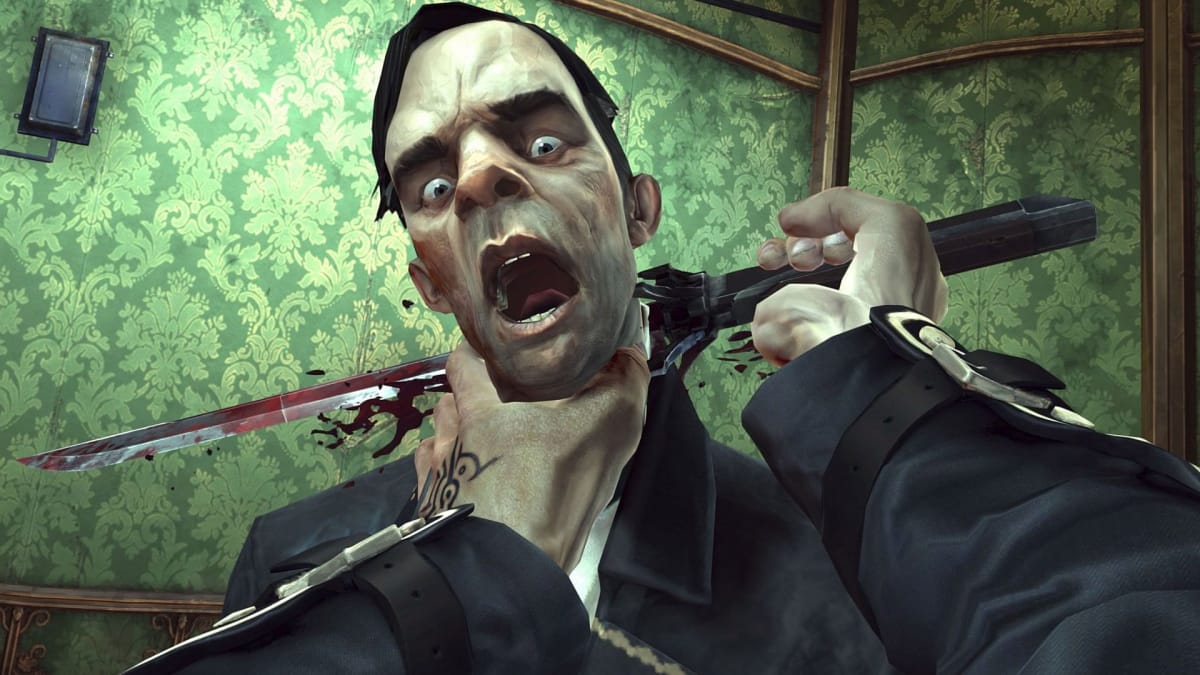 A man can be seen having his neck stabbed by Corvo