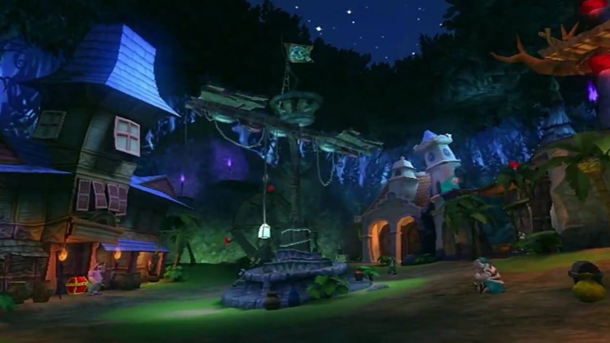 Multiple characters can be seen in a haunted courtyard