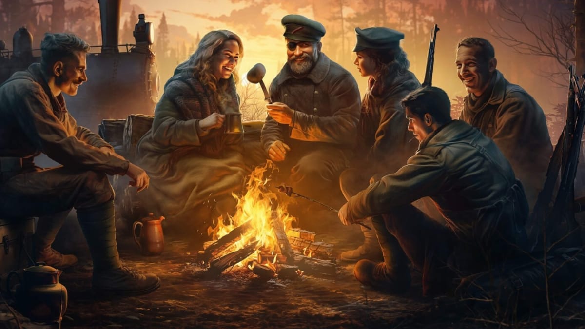 A group of soldiers and civilians gathered around a fire and sharing tales in the Last Train Home Legion Tales DLC