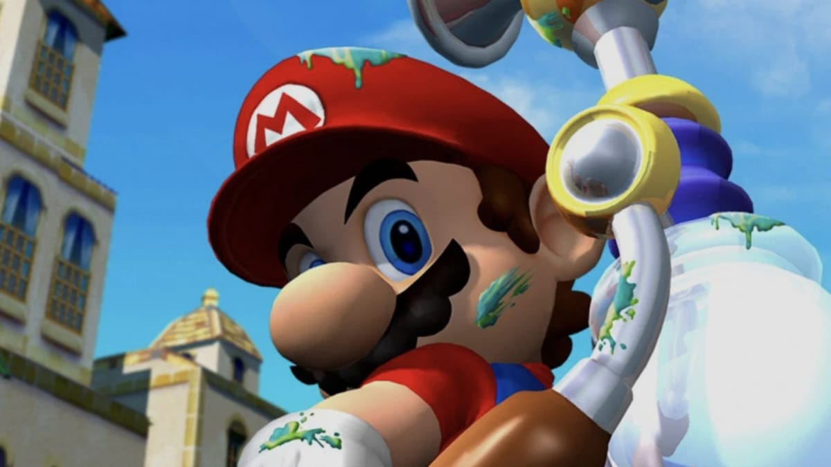 Mario can be seen looking at the camera