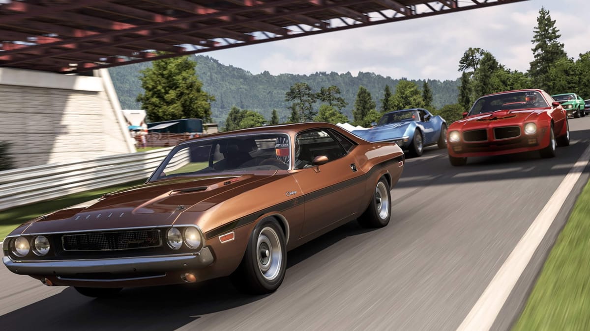 Several classic cars racing along a track in Forza Motorsport 6